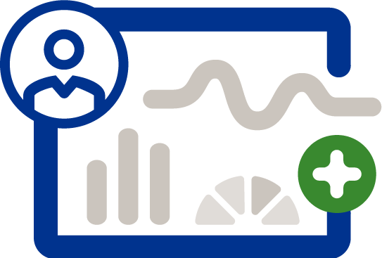 Rectangle with various graphs on it with a outline of a person inside a circle in the top left corner
