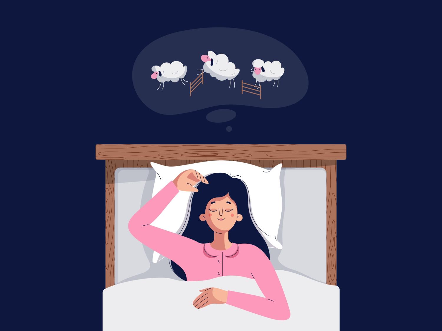 Person counting sheep in bed